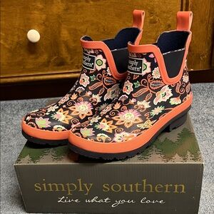 Simply Southern Navy and Orange Floral Rain Boots